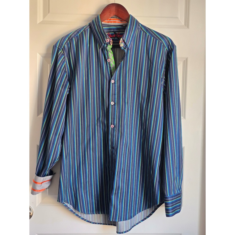 Robert Graham Mens Blue Green Striped Long Sleeve Button Down Shirt Large L